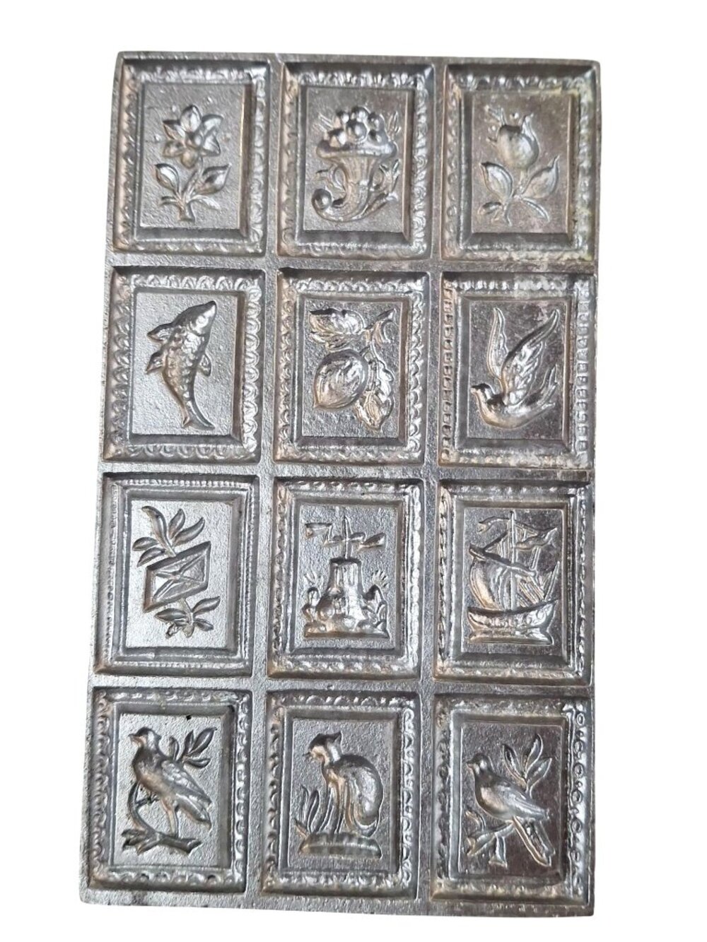 Antique Embossed Metal Candy Mold With 12 Detailed Designs Including Birds Flowe